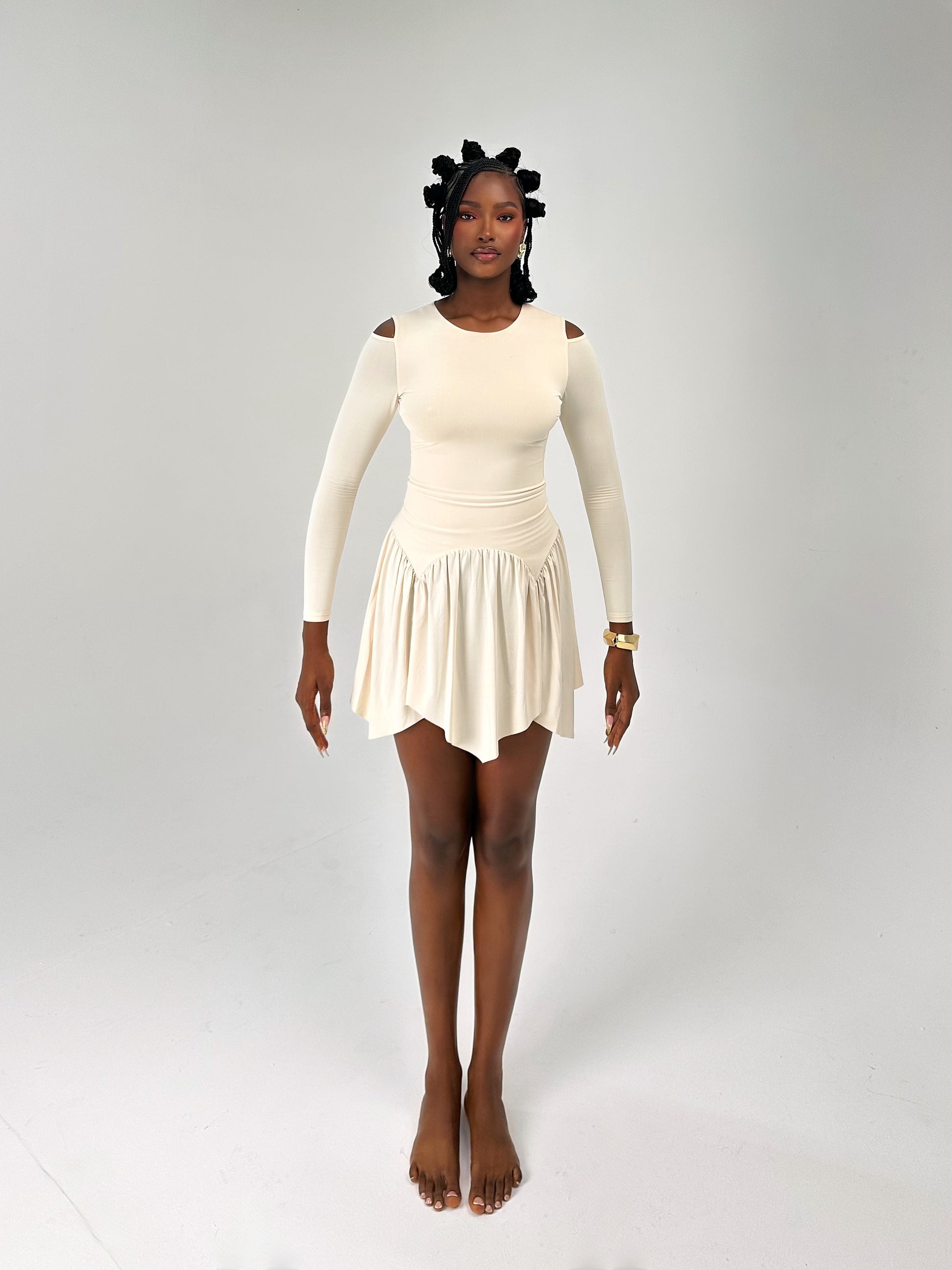 Sa'ida – Ruched Open-Back Mini Dress — Ivory Cream